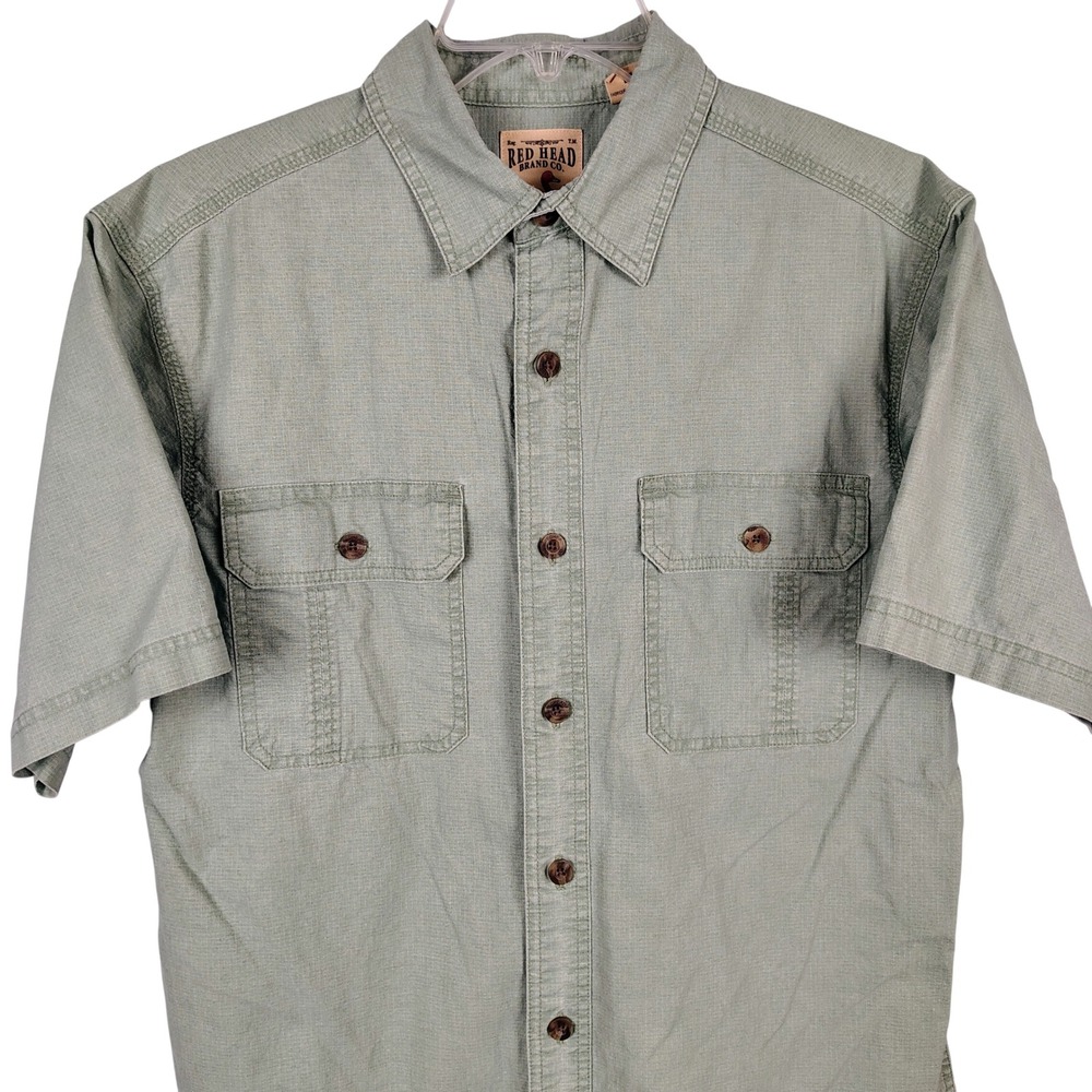 RedHead Mens M Short Sleeve Button Down Shirt Green Cotton Ripstop Gorpcore